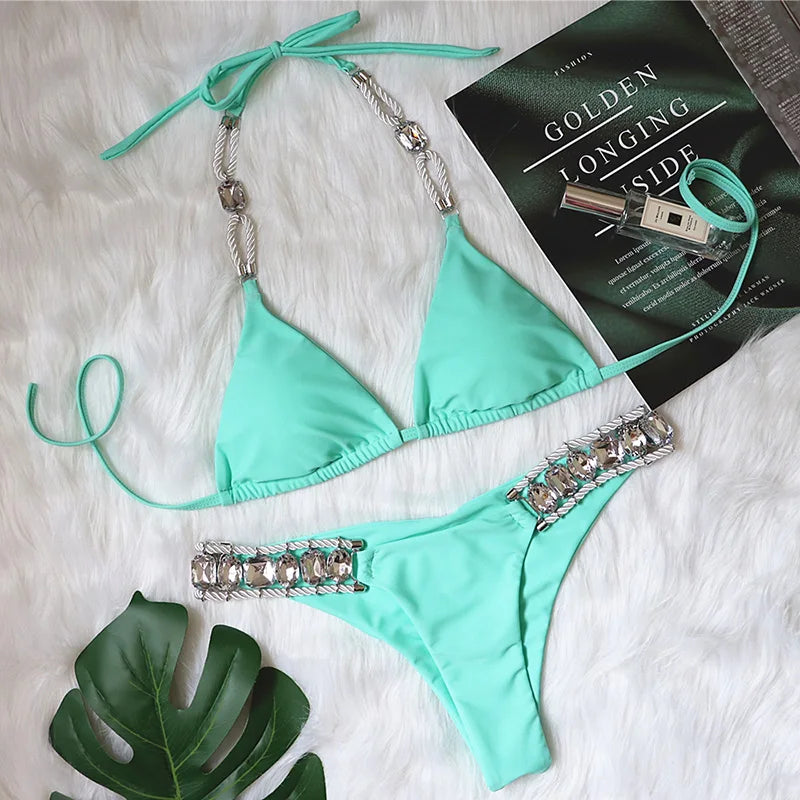 2025 Halter Shiny Crystal Diamond Bikini Women Swimsuit Female Swimwear Rhinestone Bikini Set Rhinestone Brazilian Bathing Suit