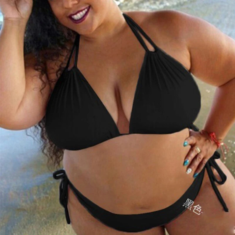 Bikini Sexy Ladies Plus Size Solid Color Straps Halter Bikini Split Swimsuit Ladies SwimwearBikini Set 2025