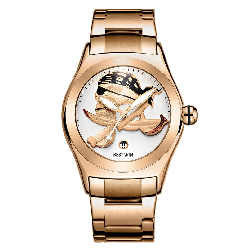 BESTWIN 6724 Fashion Men's Quartz Watch Skull 3D Engraving Automatic Date Stainless Steel Strap Luminous Waterproof Men's Watch
