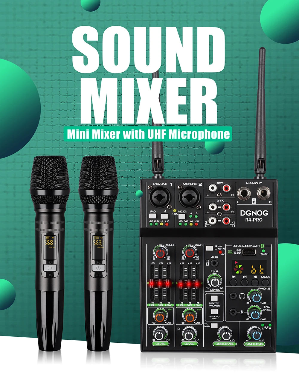 4 Channel Audio Mixer with Wireless Microphone USB Sound Table Bluetooth Console DJ Mixing for Party Karaoke Machine Soundbar