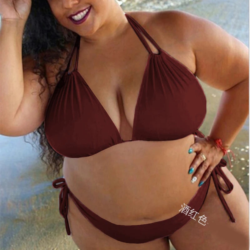 Bikini Sexy Ladies Plus Size Solid Color Straps Halter Bikini Split Swimsuit Ladies SwimwearBikini Set 2025