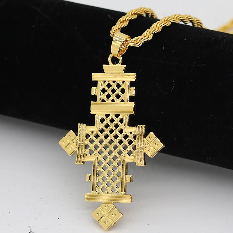 Ethiopian female Crosses  pendant 24k gold color  Pendant necklace trend in jewelry with Twist chain African cross