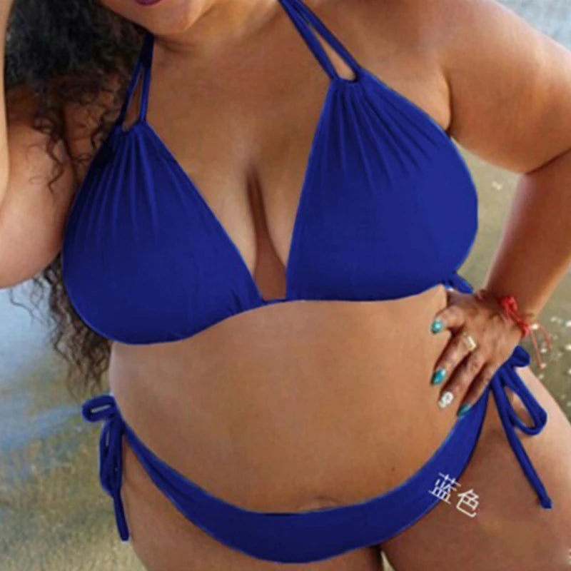 Bikini Sexy Ladies Plus Size Solid Color Straps Halter Bikini Split Swimsuit Ladies SwimwearBikini Set 2025