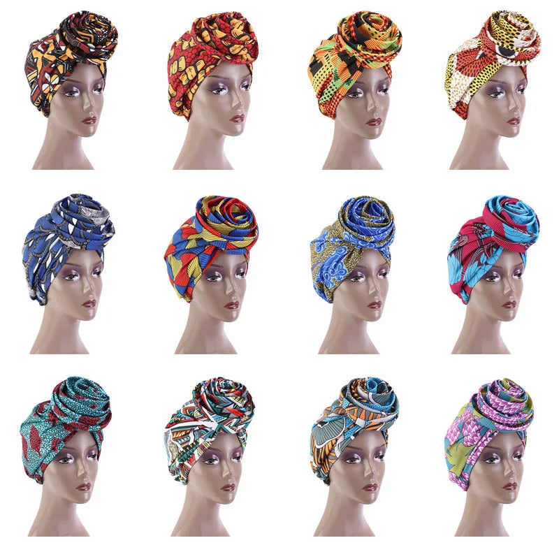 Big Flower Women's African Turban Cap Satin Lining Africa Pattern Printed Headwear Hat Female Head Wraps Ankara Hair Head Hat