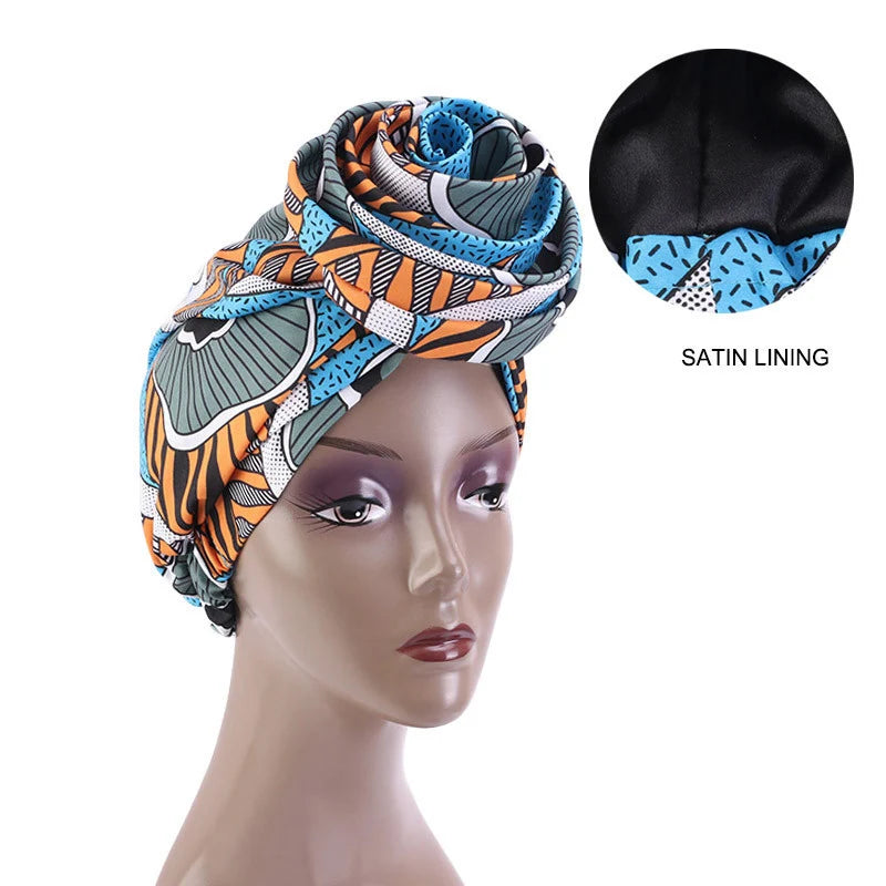 Big Flower Women's African Turban Cap Satin Lining Africa Pattern Printed Headwear Hat Female Head Wraps Ankara Hair Head Hat