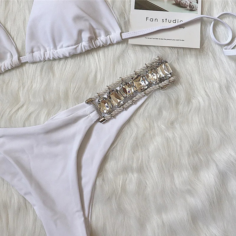 2025 Halter Shiny Crystal Diamond Bikini Women Swimsuit Female Swimwear Rhinestone Bikini Set Rhinestone Brazilian Bathing Suit