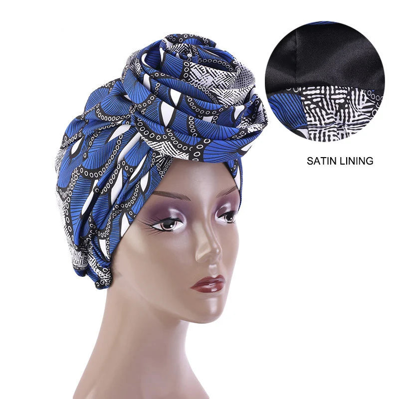 Big Flower Women's African Turban Cap Satin Lining Africa Pattern Printed Headwear Hat Female Head Wraps Ankara Hair Head Hat