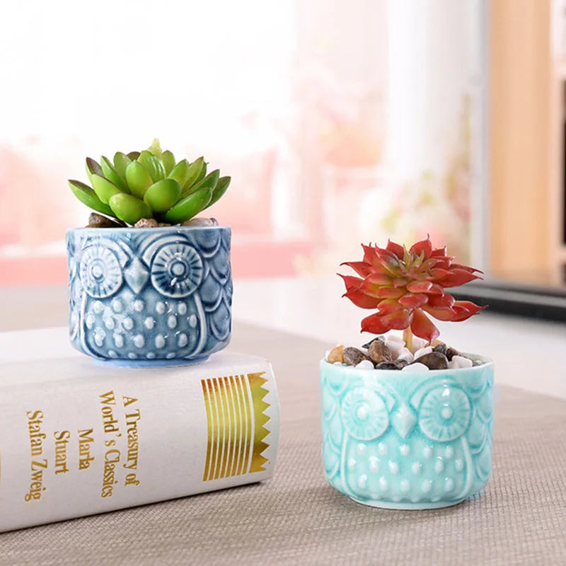 Ceramic Thumb Flowerpot Owl Succulent Plant Pot Kiln Flow Glaze Breathable Pot Small Vase for Desktop Ornaments Home Decor