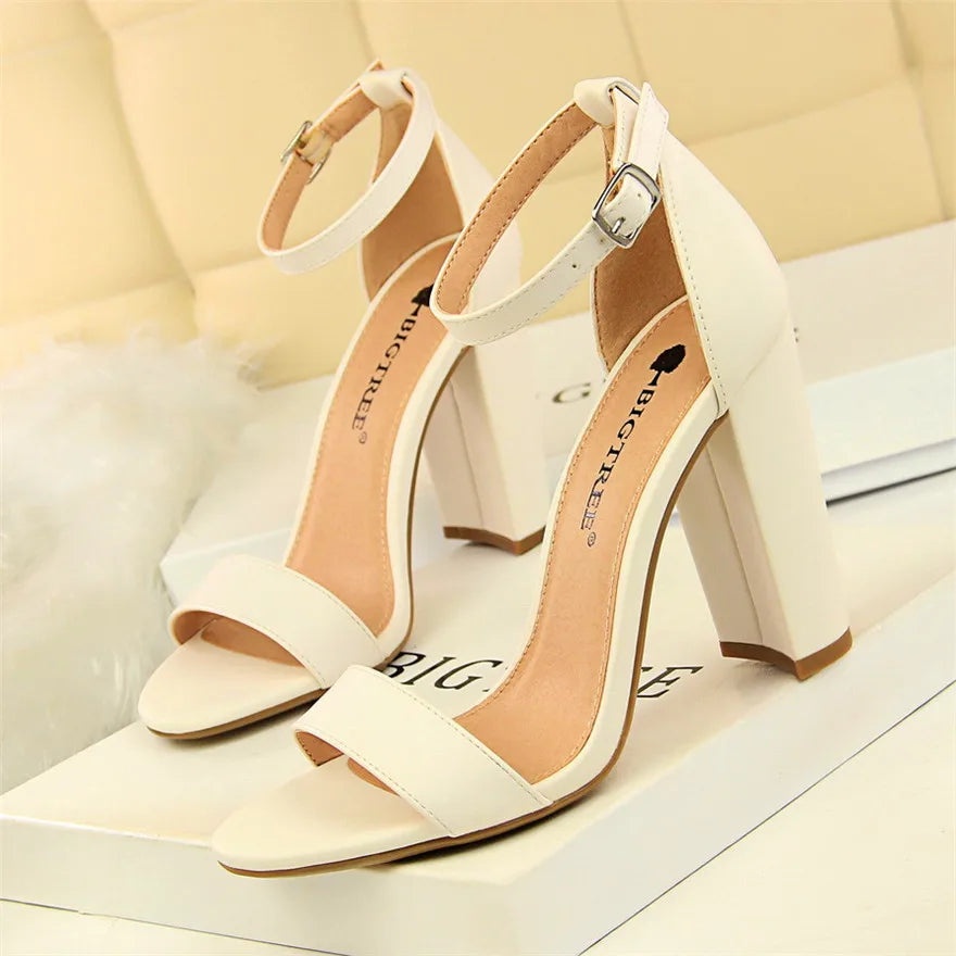 BIGTREE 8 Colors Women High Heels Sandals Concise Flock/PU Open Toe Buckle Sexy Woman Party Sandal Summer Shoes Big Size 34-43