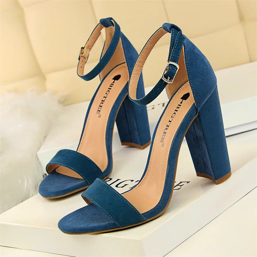 BIGTREE 8 Colors Women High Heels Sandals Concise Flock/PU Open Toe Buckle Sexy Woman Party Sandal Summer Shoes Big Size 34-43