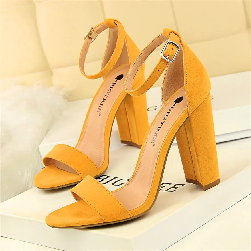 BIGTREE 8 Colors Women High Heels Sandals Concise Flock/PU Open Toe Buckle Sexy Woman Party Sandal Summer Shoes Big Size 34-43