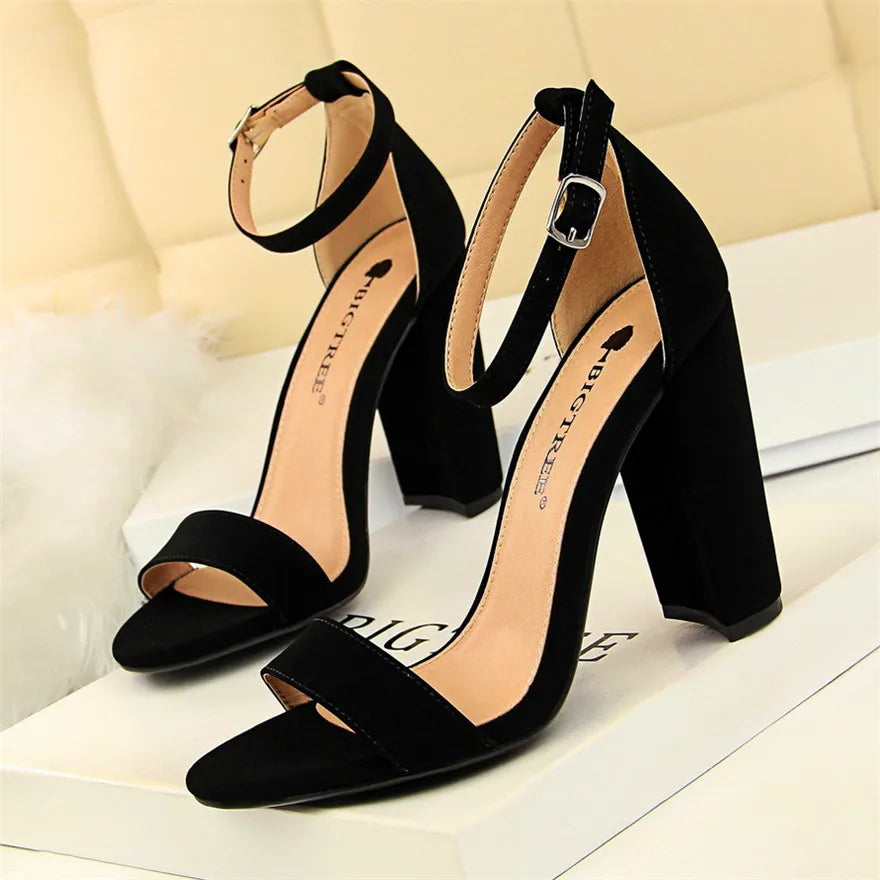 BIGTREE 8 Colors Women High Heels Sandals Concise Flock/PU Open Toe Buckle Sexy Woman Party Sandal Summer Shoes Big Size 34-43