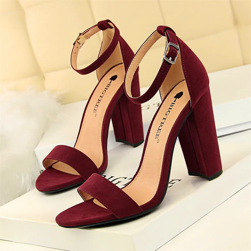 BIGTREE 8 Colors Women High Heels Sandals Concise Flock/PU Open Toe Buckle Sexy Woman Party Sandal Summer Shoes Big Size 34-43