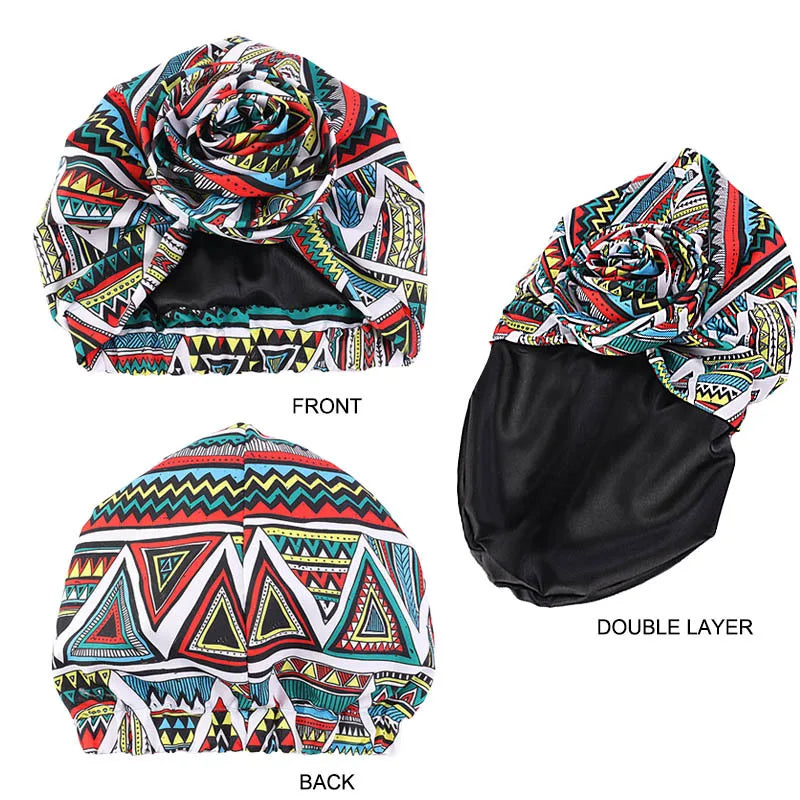 Big Flower Women's African Turban Cap Satin Lining Africa Pattern Printed Headwear Hat Female Head Wraps Ankara Hair Head Hat