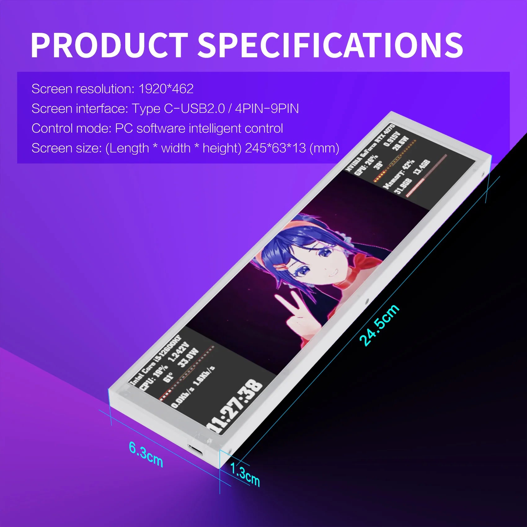 9.2 Inch Chassis Sub-screen Long bar Screen Computer Performance Monitoring CPU Temperature Customizable DIY Theme Type-C USB