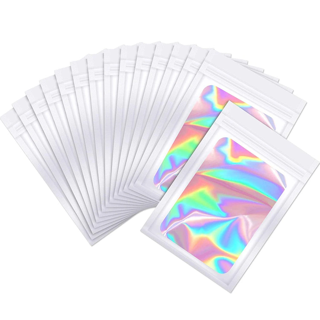 100pcs Iridescent Zip Lock Bags Smell Proof Mylar Bags Resealable Odor Proof Bags Holographic Makeup Bags Hologram Zipper Bags