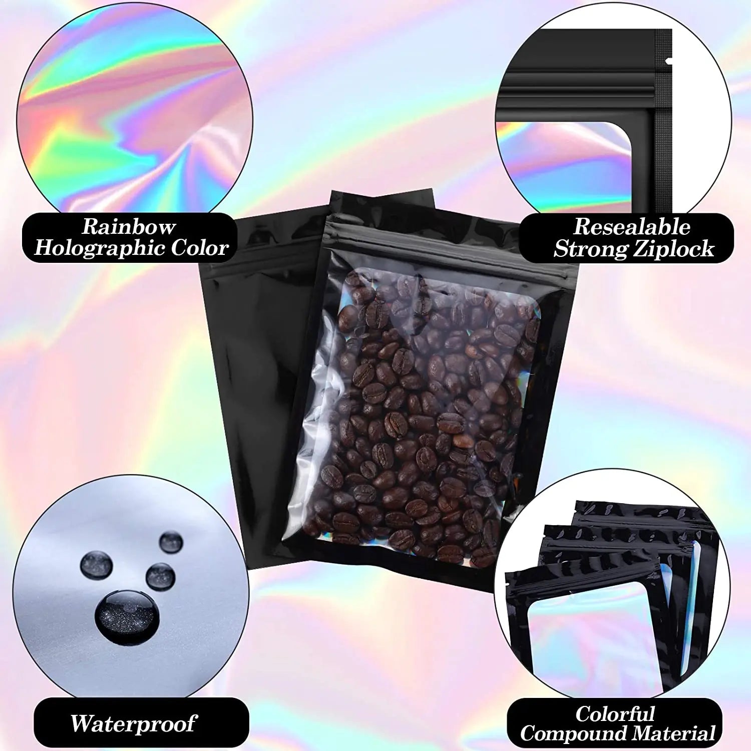 100pcs Iridescent Zip Lock Bags Smell Proof Mylar Bags Resealable Odor Proof Bags Holographic Makeup Bags Hologram Zipper Bags