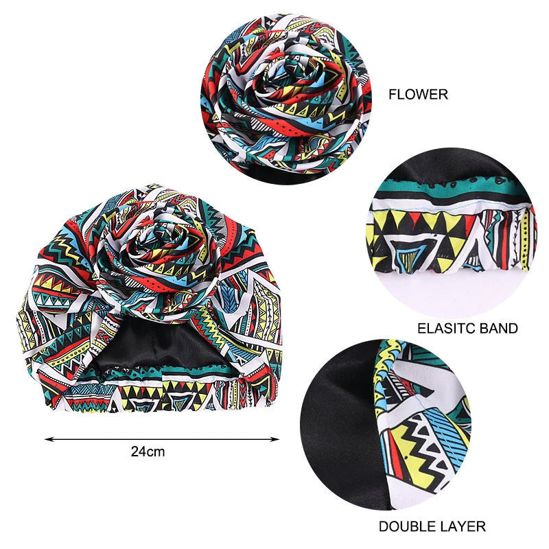 Big Flower Women's African Turban Cap Satin Lining Africa Pattern Printed Headwear Hat Female Head Wraps Ankara Hair Head Hat