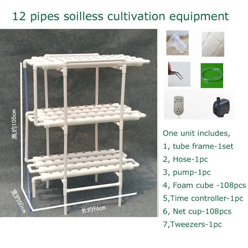 3-Tier 108 Holes Hydroponics Growing System - 12 Pipes Vertical Soilless Planting Kit with Adjustable Water Pump, Space-Saving