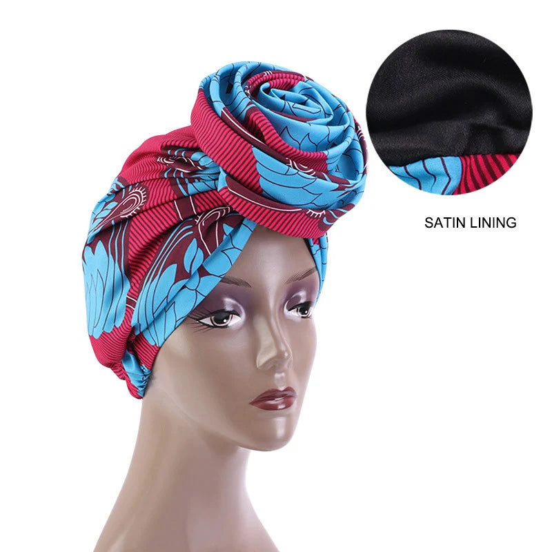 Big Flower Women's African Turban Cap Satin Lining Africa Pattern Printed Headwear Hat Female Head Wraps Ankara Hair Head Hat