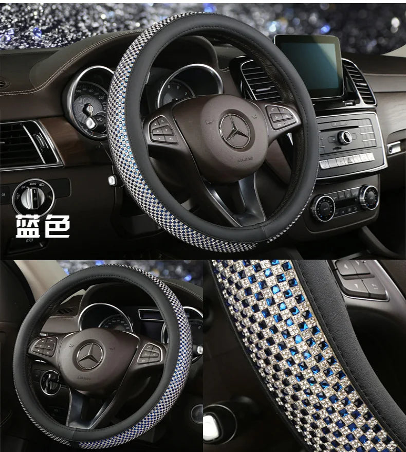Crystal Leather Car Steering Wheel Covers Case Diamond For Women Ladies Steering Wheel Sleeve Universal Auto Handlebar Covers