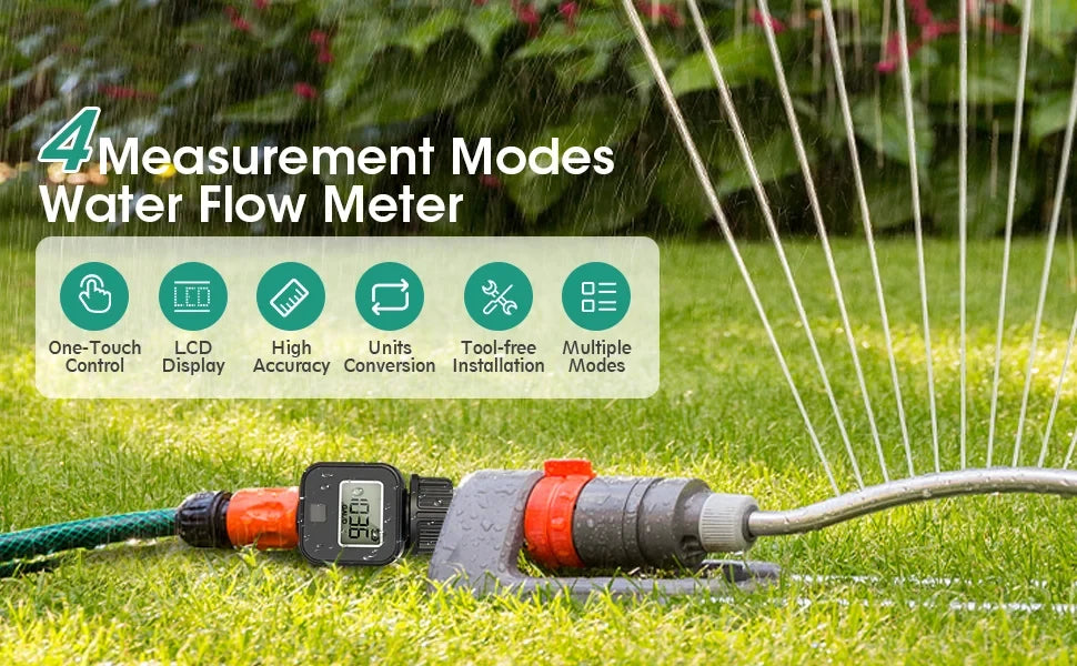 Battery Powered Garden Hose Flow Meter Digital LCD GPM LPM 0.5-8Bar Instant Water Usage Recorder for Irrigation