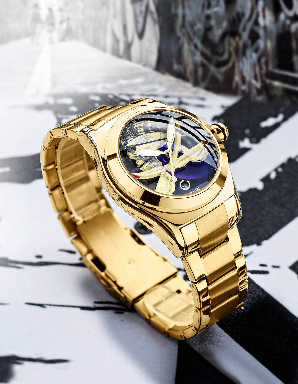 BESTWIN 6724 Fashion Men's Quartz Watch Skull 3D Engraving Automatic Date Stainless Steel Strap Luminous Waterproof Men's Watch