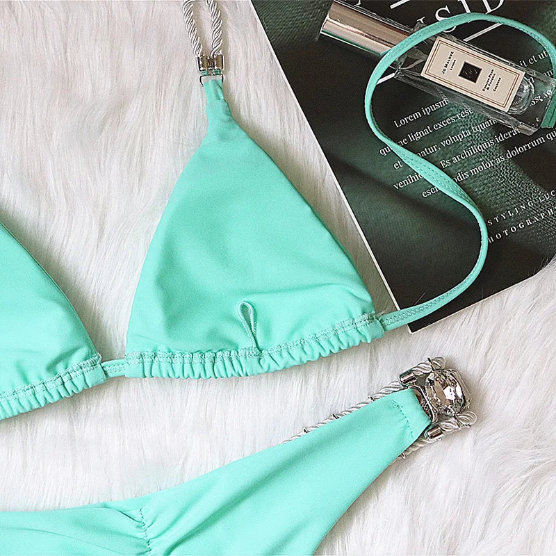 2025 Halter Shiny Crystal Diamond Bikini Women Swimsuit Female Swimwear Rhinestone Bikini Set Rhinestone Brazilian Bathing Suit