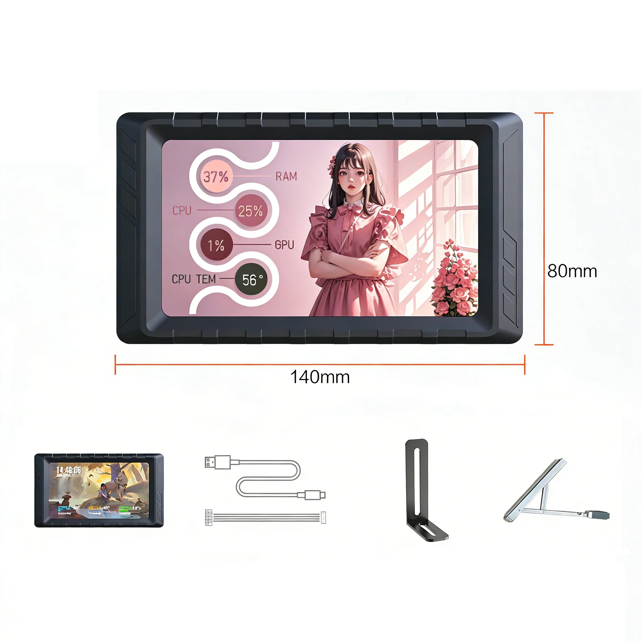 9.2 Inch Chassis Sub-screen Long bar Screen Computer Performance Monitoring CPU Temperature Customizable DIY Theme Type-C USB
