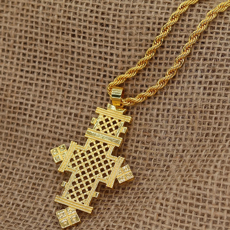 Ethiopian female Crosses  pendant 24k gold color  Pendant necklace trend in jewelry with Twist chain African cross