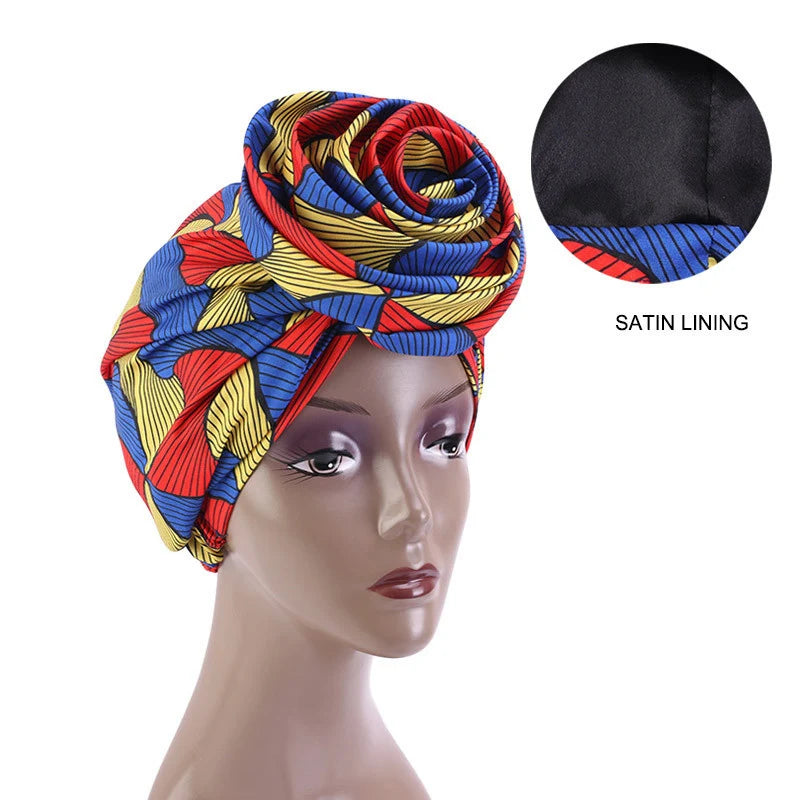 Big Flower Women's African Turban Cap Satin Lining Africa Pattern Printed Headwear Hat Female Head Wraps Ankara Hair Head Hat
