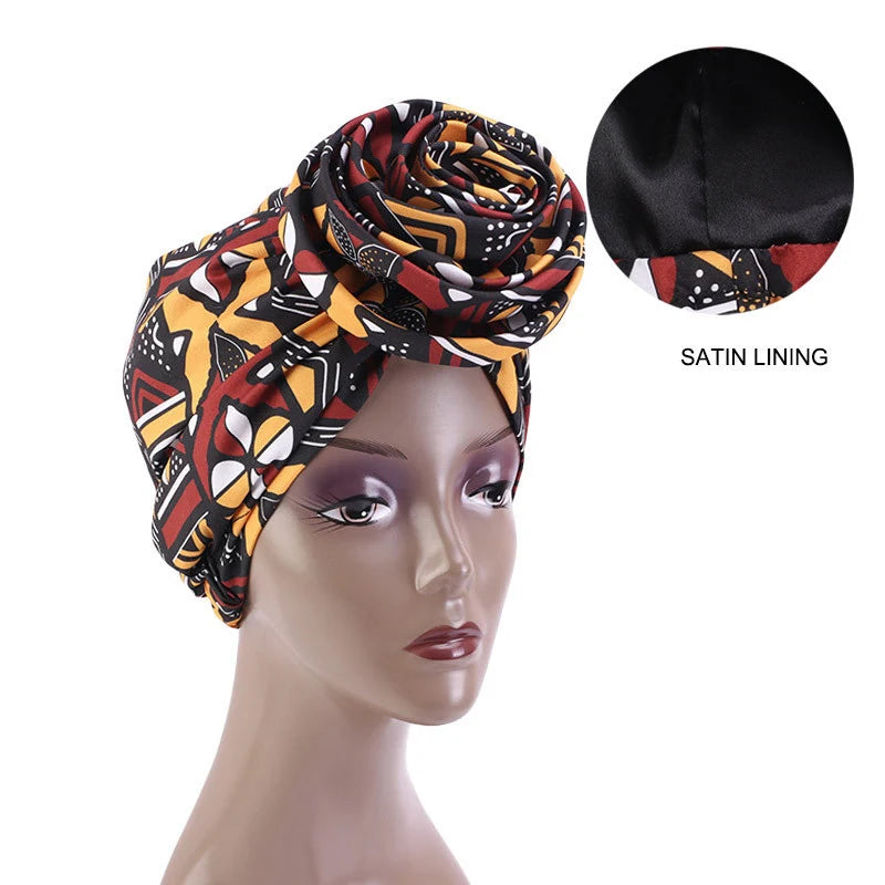 Big Flower Women's African Turban Cap Satin Lining Africa Pattern Printed Headwear Hat Female Head Wraps Ankara Hair Head Hat