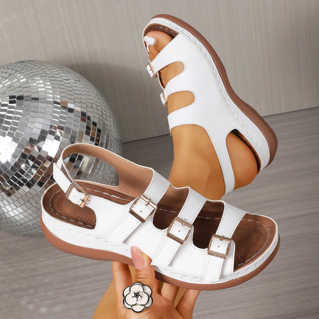 2025 New Women's Summer White Open-Toe Wedge Heel Sandals-Buckle Strap Rhinestone PU Upper Platform Rubber Outsole Comfort Daily