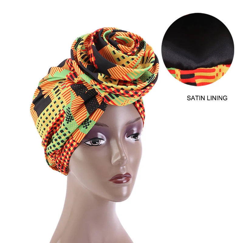 Big Flower Women's African Turban Cap Satin Lining Africa Pattern Printed Headwear Hat Female Head Wraps Ankara Hair Head Hat