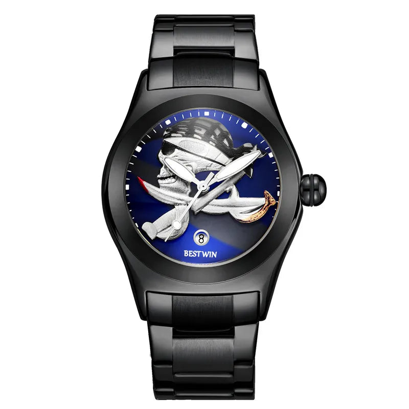 BESTWIN 6724 Fashion Men's Quartz Watch Skull 3D Engraving Automatic Date Stainless Steel Strap Luminous Waterproof Men's Watch