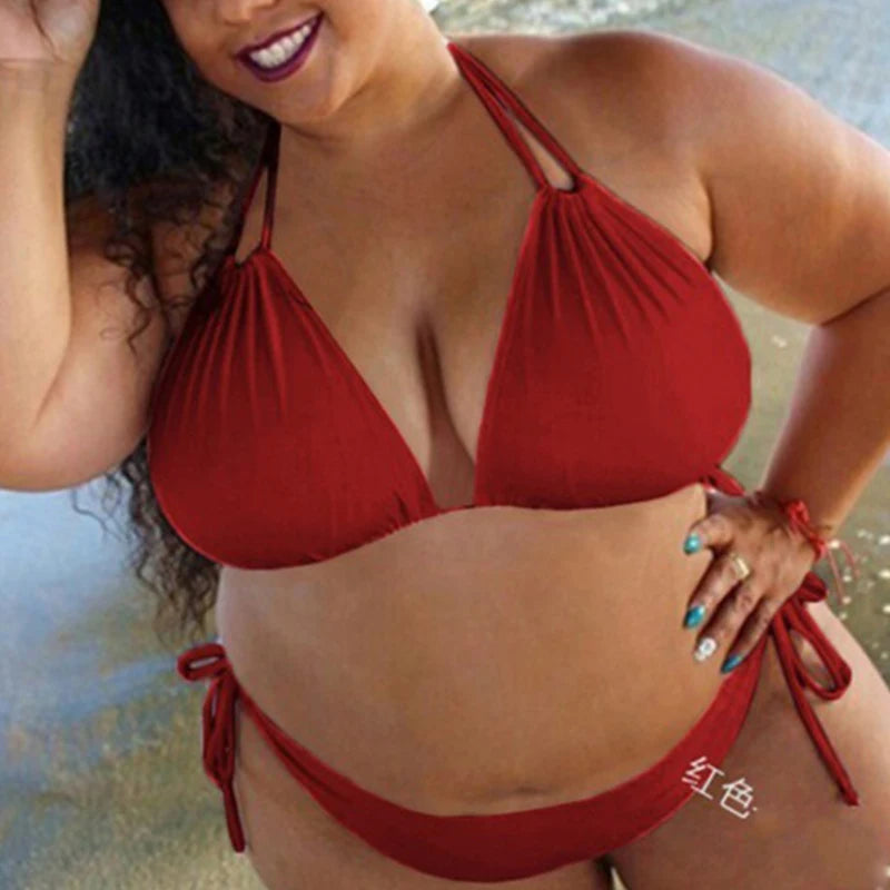 Bikini Sexy Ladies Plus Size Solid Color Straps Halter Bikini Split Swimsuit Ladies SwimwearBikini Set 2025