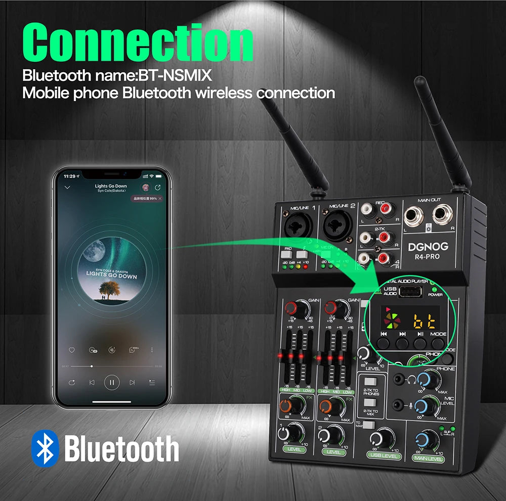 4 Channel Audio Mixer with Wireless Microphone USB Sound Table Bluetooth Console DJ Mixing for Party Karaoke Machine Soundbar