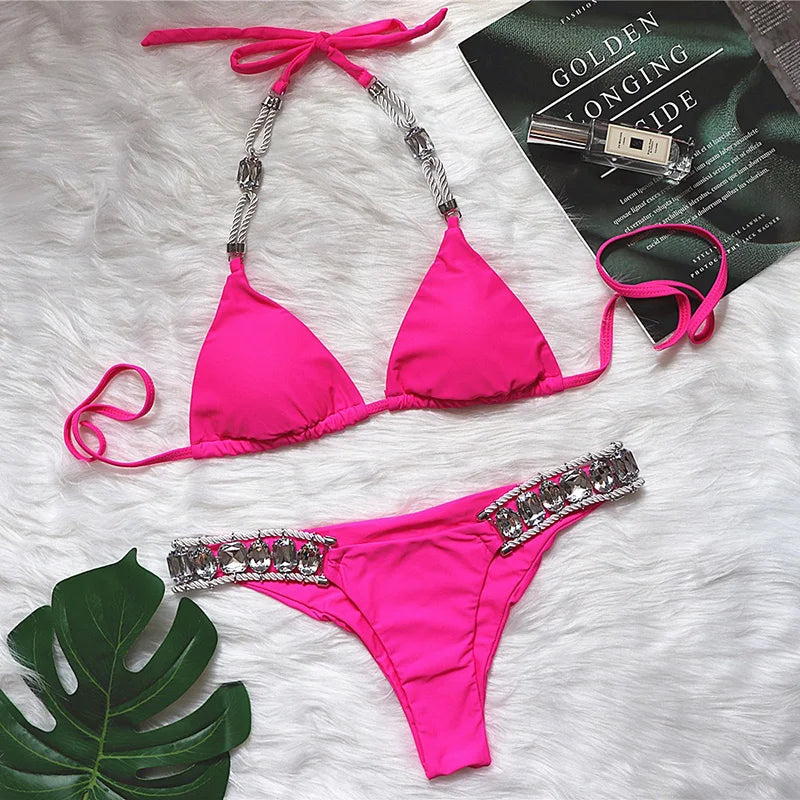 2025 Halter Shiny Crystal Diamond Bikini Women Swimsuit Female Swimwear Rhinestone Bikini Set Rhinestone Brazilian Bathing Suit