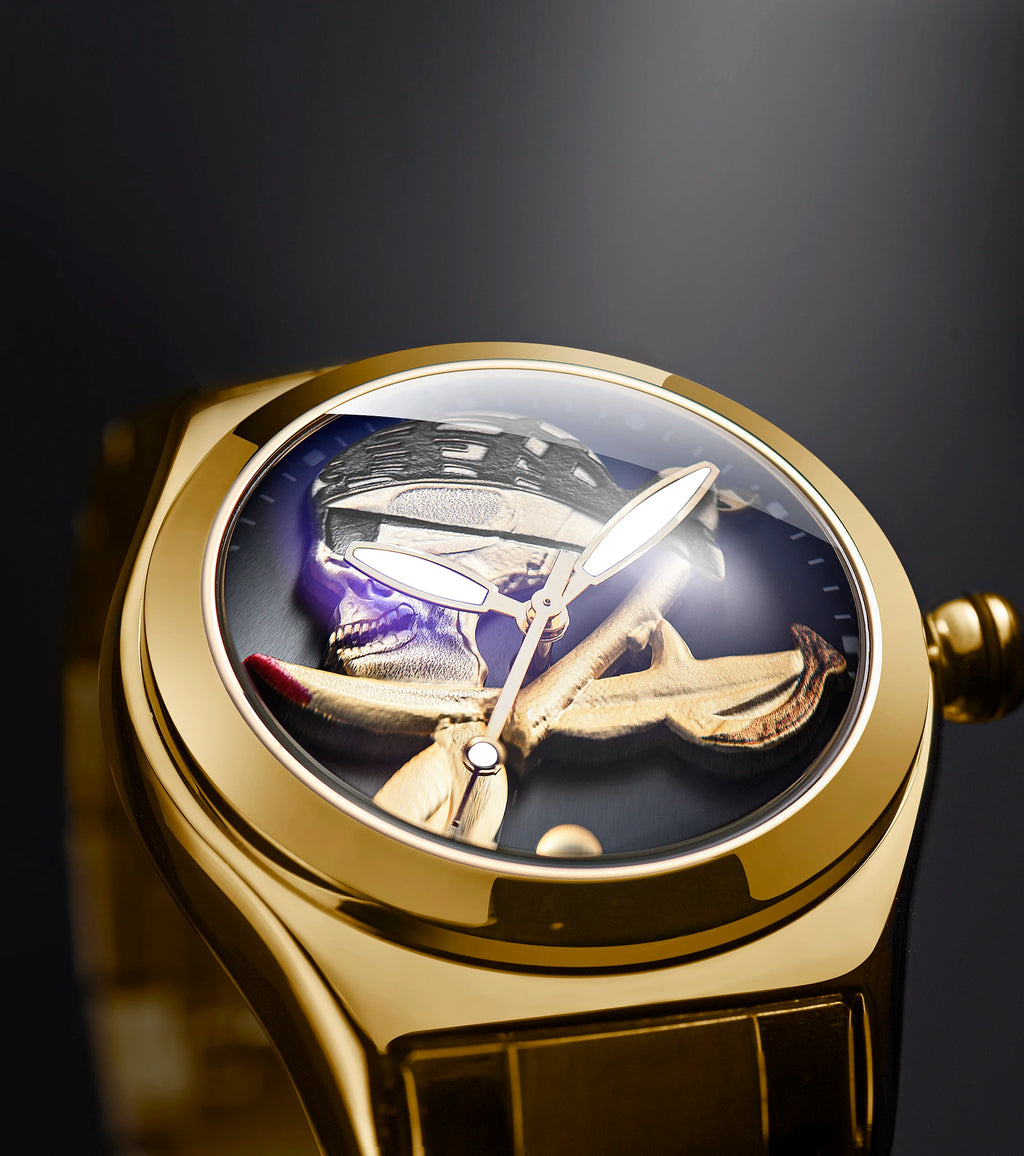 BESTWIN 6724 Fashion Men's Quartz Watch Skull 3D Engraving Automatic Date Stainless Steel Strap Luminous Waterproof Men's Watch