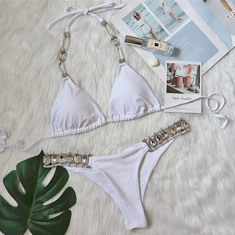 2025 Halter Shiny Crystal Diamond Bikini Women Swimsuit Female Swimwear Rhinestone Bikini Set Rhinestone Brazilian Bathing Suit
