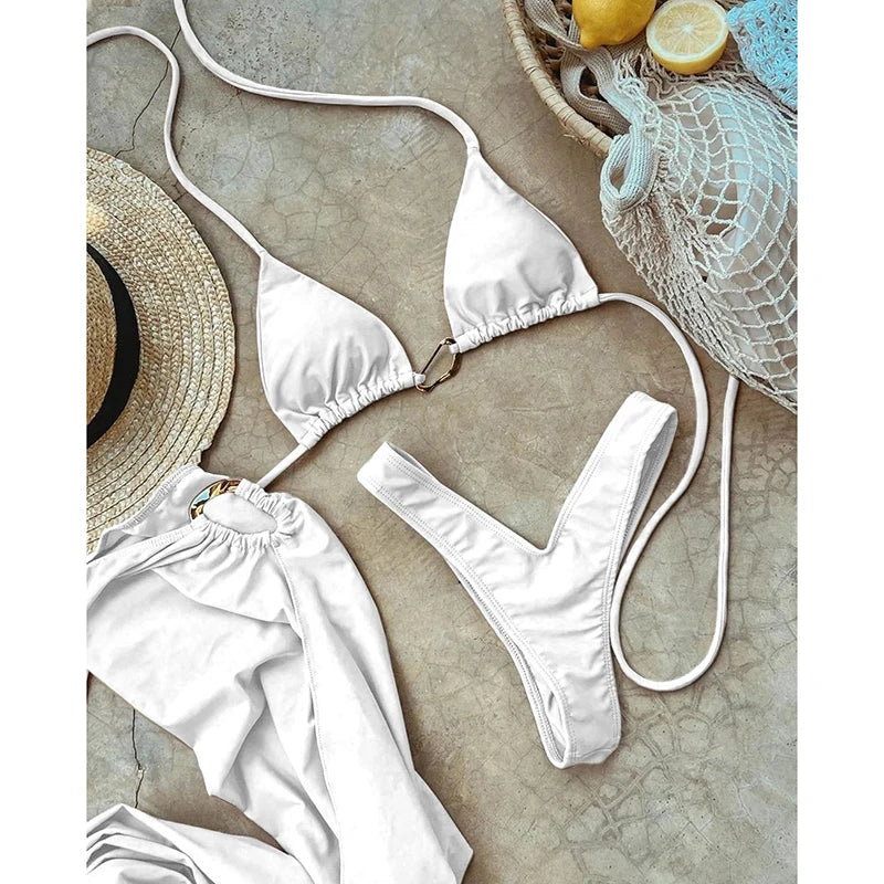 3 Pieces Swimwear Women Micro Bikini Sexy Triangle Split Bathing Suit Bikini Set Long Skirt Cover up Swimming Swimsuit Beachwear