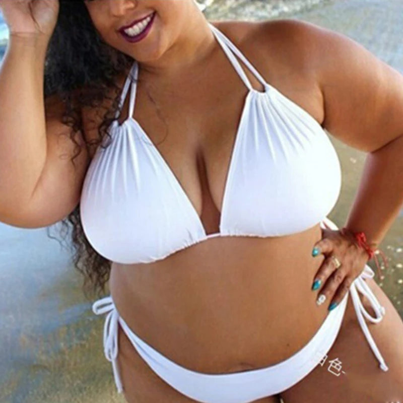 Bikini Sexy Ladies Plus Size Solid Color Straps Halter Bikini Split Swimsuit Ladies SwimwearBikini Set 2025