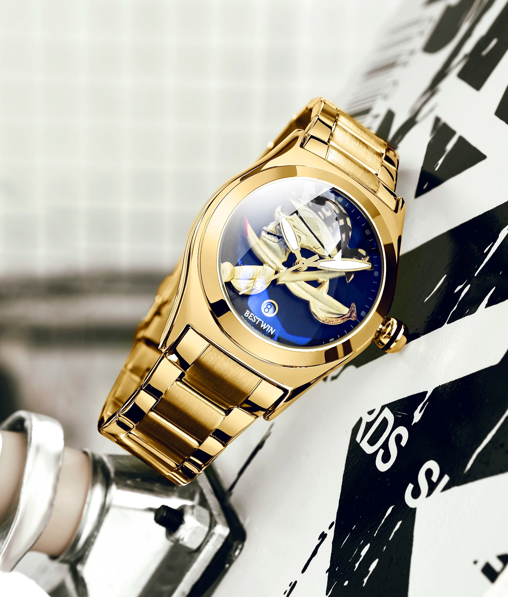 BESTWIN 6724 Fashion Men's Quartz Watch Skull 3D Engraving Automatic Date Stainless Steel Strap Luminous Waterproof Men's Watch