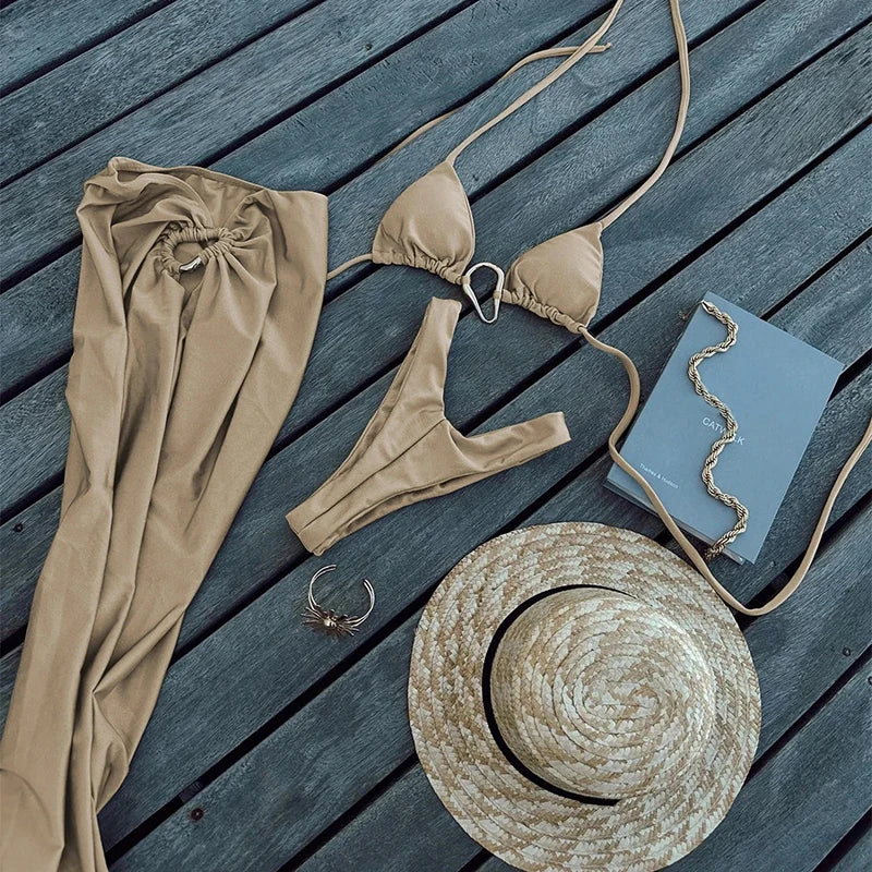 3 Pieces Swimwear Women Micro Bikini Sexy Triangle Split Bathing Suit Bikini Set Long Skirt Cover up Swimming Swimsuit Beachwear