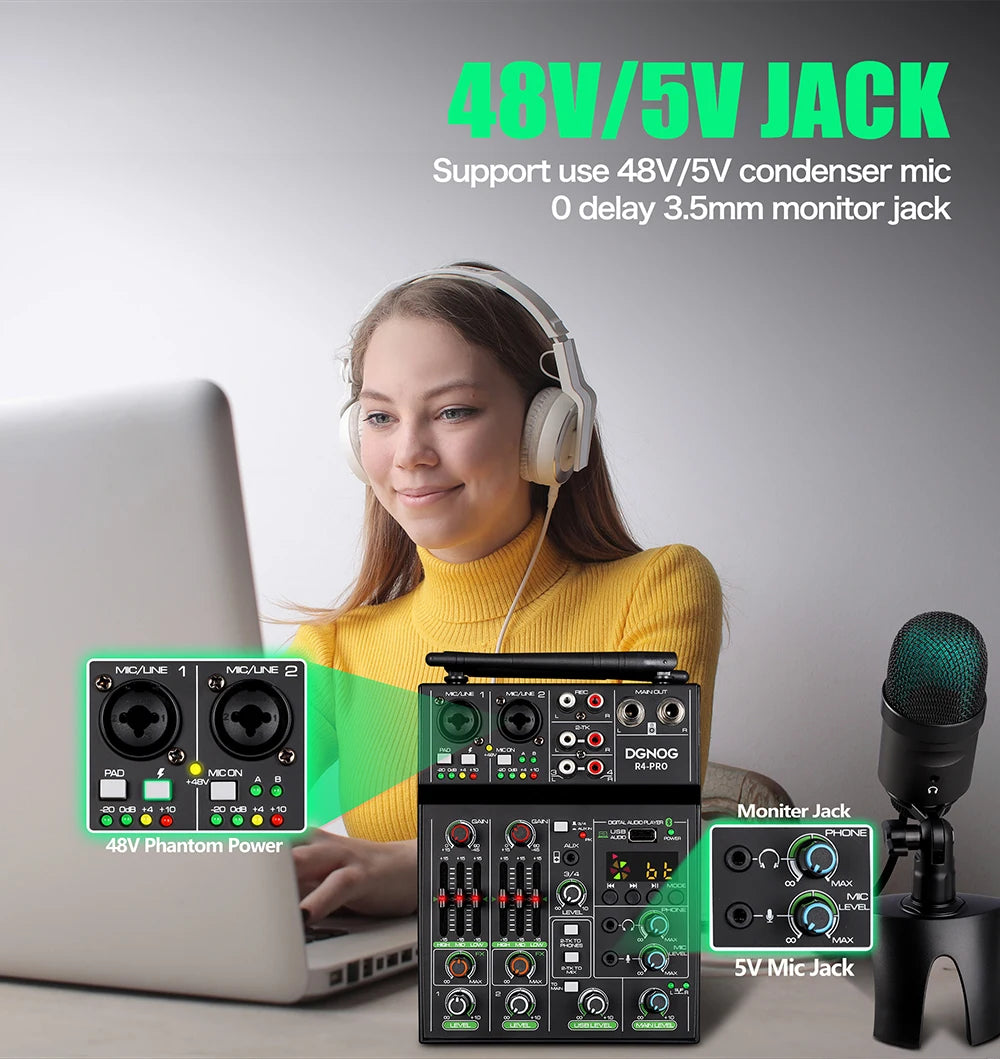 4 Channel Audio Mixer with Wireless Microphone USB Sound Table Bluetooth Console DJ Mixing for Party Karaoke Machine Soundbar