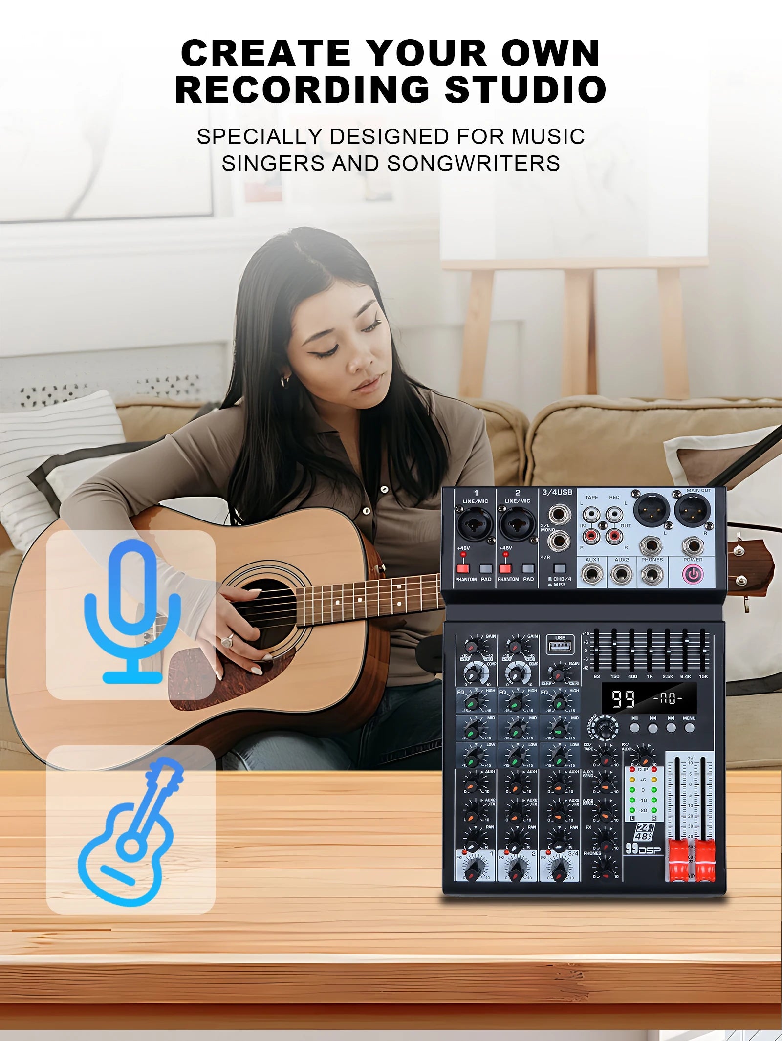 99 effects 4-channel mixing console with balance adjustment function Digital USB Bluetooth Echo Delay Effect 48V Stereo