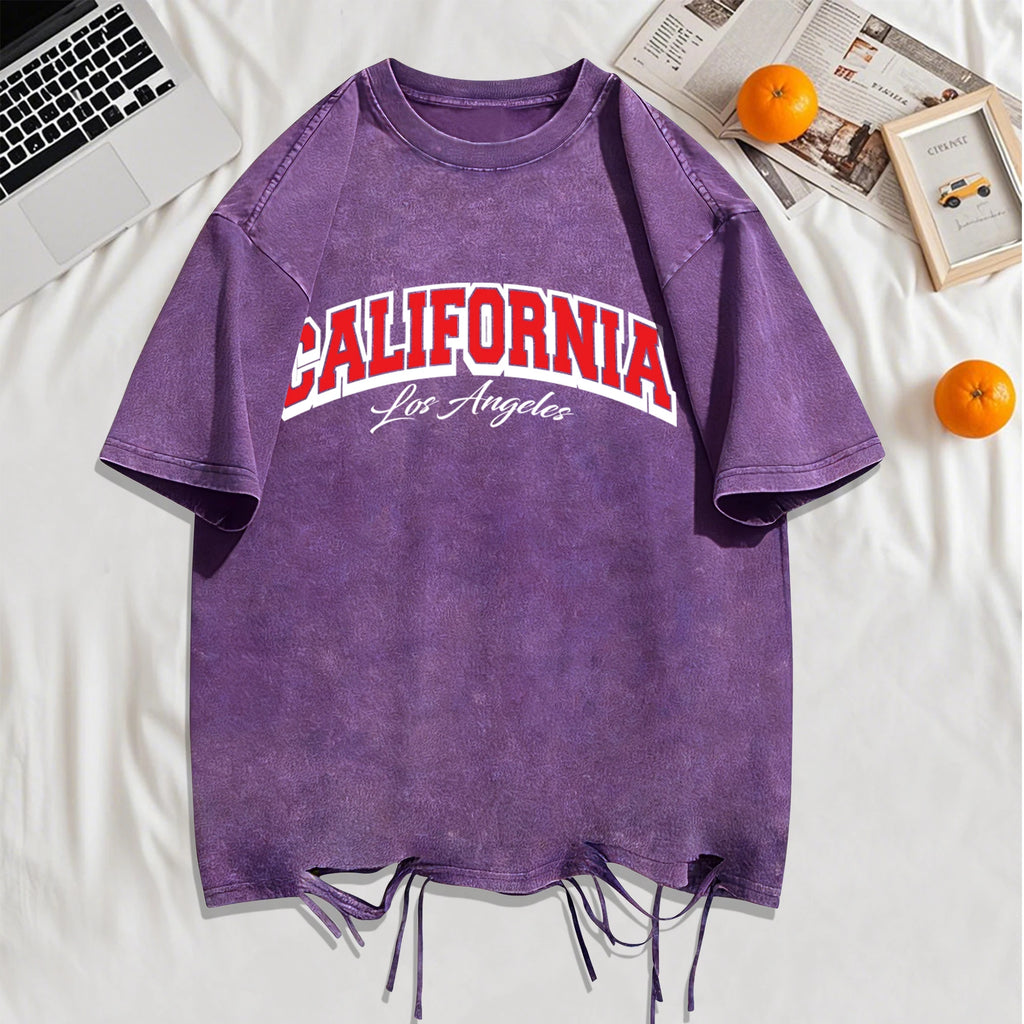 California Los Angeles City Art Letter Snow Wash Holes T-Shirt Mans Cotton Retro Tee All-Match Sportwear O-Neck Loose Clothing