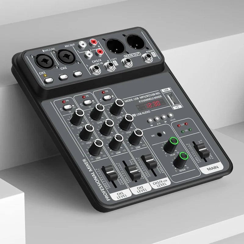 4 Channel Audio Mixer 48V Phantom Power USB Studio Sound Mixers Bluetooth DJ Console Mixing for Karaok