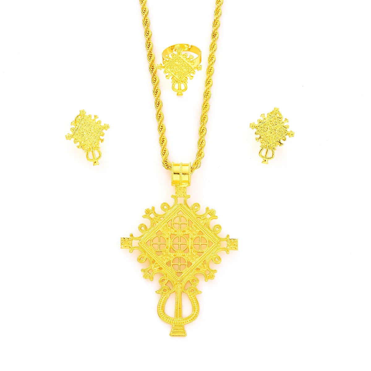 Ethiopian Eritrean Women Jewelry Sets Spcial Cross Pendant Earrings Ring African  Wedding Pretty Gold Color Jewelry Gifts