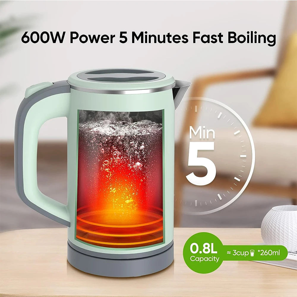110V/220V Electric Kettle 0.8L Portable Travel Kettle Stainless Steel Liner With Auto Shut-Off 600W 5Mins Fast Boil Home Kettle
